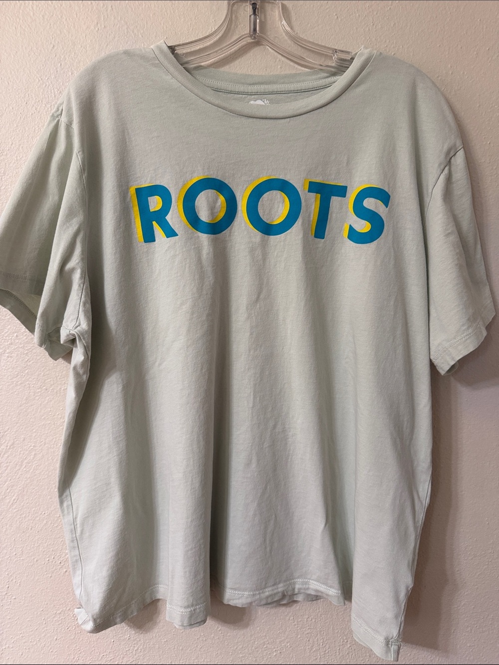 Roots women’s Light Sage Cotton Tee with Blue and Yellow Logo